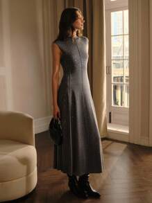 MOTF PREMIUM KNITTED SLEEVELESS RHINESTONE EMBELLISHED SWEATER DRESS - Grey - View 2