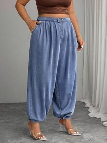 Elenzga Plus Size Women Light Blue Washed Denim Jeans With Pleated Design, Loose Fit Cowboy Pants - Light Wash - View 4