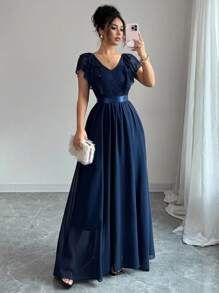 Elenzga 女士优雅荷叶边袖V领蕾丝拼接A字长裙 - 藏蓝色 - 查看 3