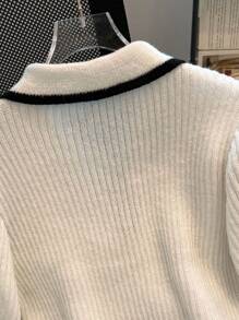 Franclia Damen klassischer französischer minimalistischer Strick-Oberteil, Schwarz-Weiß-Kontrast-Pullover, Strick-Pullover für Herbst/Winter, Arbeitsbluse für Damen - Weiss - Übersicht 4
