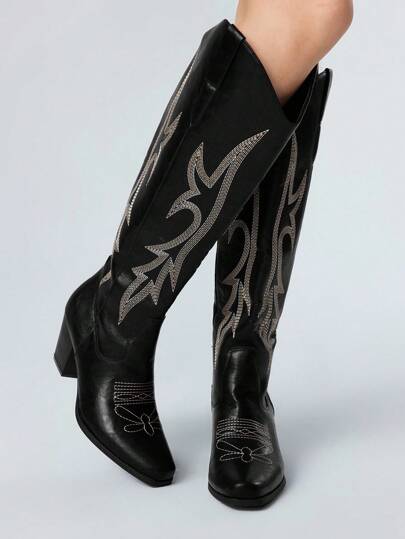 Women's Cowgirl Style Pull-On Black Details Embroidered Western Boots, Outdoor Fashion Casual Calf-High Riding Boots