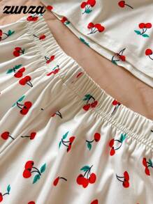 2 件套青少年女孩樱桃印花紧身短款上衣和宽松松紧腰休闲短裤套装，度假夏季服装 - 杏色 - 查看 4