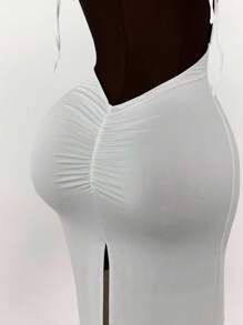 Amplova Plus Size Women Generous Open Shoulder Bowknot Backless Ruched High Slit Bodycon Maxi Dress