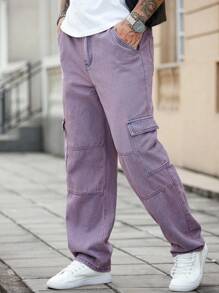 Manfinity Homme Loose Fit Men's Cotton Cargo Jeans With Flap Pockets Men Purple Jeans - Purple - View 3