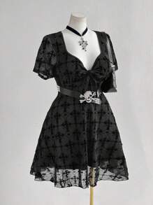 Flirla 加上万圣节朋克风格十字印花哥特迷你连衣裙