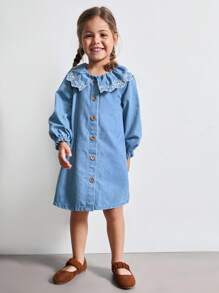 Maija Kids Maija Kids 年轻女孩可爱彼得潘领纽扣长袖牛仔上衣