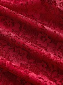 SHEIN MOD V 领荷叶边前系带长袖红色蕾丝衬衫、女式上衣、女式上衣、蕾丝上衣、飘逸上衣、节日、长袖上衣、红色上衣、女式西部风服装、狂欢装、荷叶边上衣 - 紅色 - 查看 3