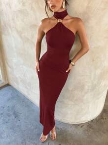 Aloruh 女士优雅性感金属扣装饰镂空紧身弹力连衣裙 - 酒紅色 - 查看 6