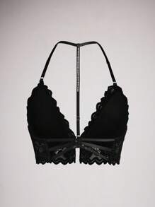 Front Closure Floral Lace Metal Chain Women Bralette Bra - Black - View 6