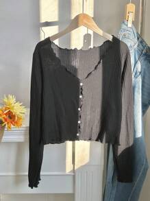 SHEIN EZwear Plus Lettuce Trim Button Front Tee - Black - View 3