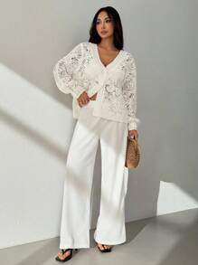 SHEIN PETITE 女士花卉镂空长袖单排扣宽松开衫