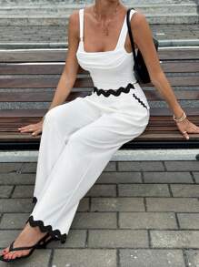 Siren Gaze 秋季女装高腰阔腿裤，女士撞色休闲西装裤，老款黑白扇贝边斜插袋长裤，适合商务、工作、日常、通勤、教师、郊游，2025年秋季新款时尚必备 - 白色 - 查看 6