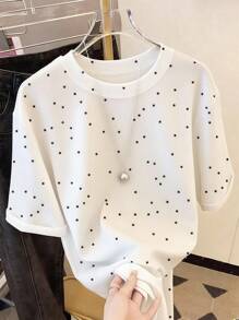 SHEIN Plus Size Women Polka Dot Random Print T-Shirt - White - View 1