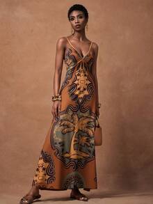 Zivah 春夏新品 音乐节、复活节、西部风、游牧风、生日派对、毕业典礼、学生装、日常休闲、基础百搭、休闲、邮轮旅行、海滩、日光浴、时尚、极简休闲、街头风、V 领水滴印花长裙、棕色大地色调 - 棕色 - 查看 5