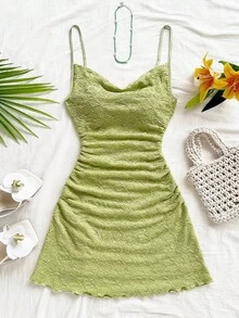 Soleia Váy ngắn hở lưng, cổ nhún bèo, dây mảnh, màu vàng nhạt, thích hợp cho ngày lễ, hẹn hò, ngày lễ tình nhân, trà chiều, kỳ nghỉ, lễ hội âm nhạc, phong cách Bohemian - màu xanh lá - Xem 3