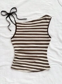 Soleia 女式度假红白条纹针织不对称领口修身上衣，适合派对、圣诞节、约会、海滩、巡游、狂欢节、夏季条纹背心针织背心夏季针织上衣女式夏季上衣女式针织上衣 - 彩色 - 查看 2