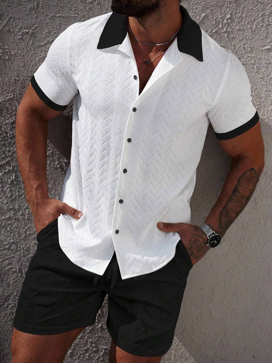 Manfinity CasualCool Bộ áo sơ mi tay ngắn và quần short vải họa tiết tương phản mùa hè dành cho nam Áo sơ mi nam mùa hè - Đen và trắng - Xem 1