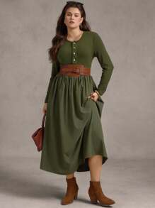 Zelara Đầm dài tay thường ngày dệt chắp vá cỡ lớn cho nữ có nút cài nửa thân - xanh quân đội - Xem 2