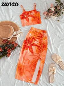 女孩印花 T 恤套装，春夏新品，优雅花卉印花套装 - 包括合身短款背心和配套的紧身迷你裙，休闲舒适套装，适合日常穿着、度假、海滩风格、母子装 - 彩色 - 查看 10