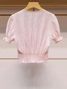 Franclia Pink Ruched Rhinestone Embellished V-Neck Puff Sleeve Cinched Waist Blouse Clothes For University - Pink - View 2