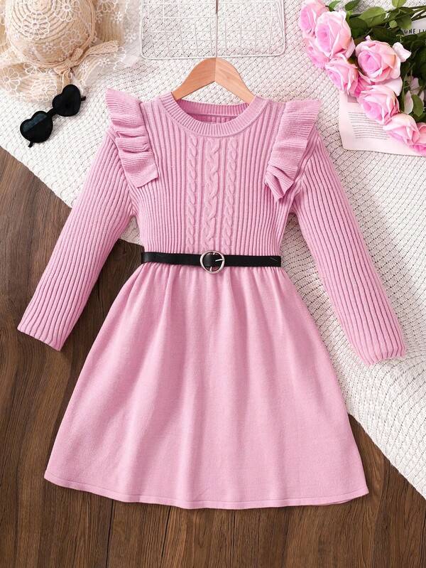 Vestido suéter casual linha A com decote redondo e manga comprida texturizado e babados