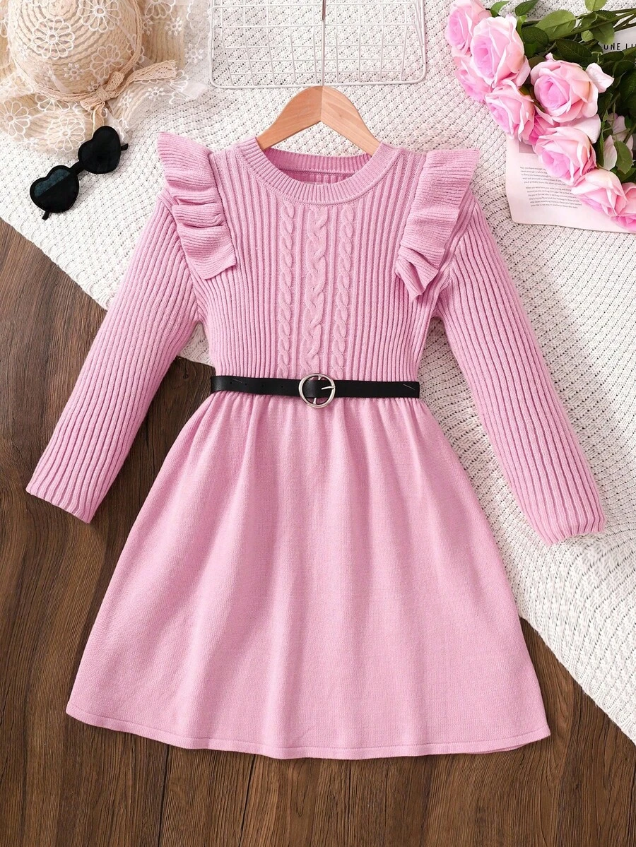 少女圆领长袖荷叶边褶皱A字休闲毛衣连衣裙，秋冬季