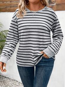 INAWLY Áo thun dài tay cổ tròn kẻ sọc dáng rộng, kiểu dáng thường ngày, thích hợp cho nữ, phù hợp mùa xuân và thu. - Xám - Xem 6