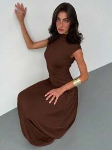 Aloruh New Elegant Stand Collar Pleatered Slim Fit Top And High Waist Skirt 2 Pieces Outfit, Commuting, Outing, Date - Coffee Brown - View 8