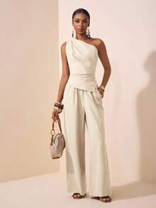 Zivah Conjunto de 2 piezas de top y pantalones rectos de mujer en color caqui, con un diseño de hombro asimétrico, cintura plisada y bajo asimétrico. Estilo elegante y versátil, adecuado para festivales de música, Pascua, Día de la Madre, bodas, fiestas de cumpleaños, uso diario y casual.