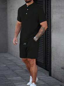 Manfinity Homme Áo sơ mi nam cổ bẻ mùa hè, áo polo nam và quần short rút dây, bộ 2 món, thích hợp mặc mùa hè, phong cách nghỉ dưỡng, thích hợp làm quà tặng mùa hè cho bạn trai và chồng - màu đen - Xem 3