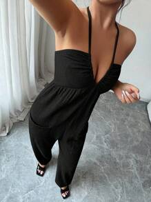 Selianne 女式无袖露背纯色细肩带连体裤，带口袋，夏季 - 黑色 - 查看 6