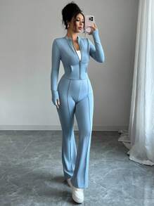 INAWLY 女式紧身拉链短款上衣夹克和喇叭裤两件套