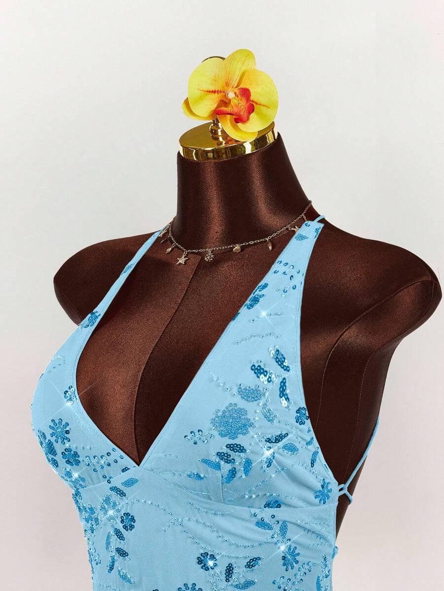 Amplova 2025 新款夏季度假背心，刺绣亮片深 V 领休闲性感女式吊带背心，开学派对 - 藍色 - 查看 1