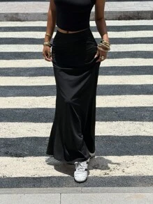 SHEIN Everyday Casual Teen Girls Long Black Polyester Mermaid Skirt With Straight Hemline