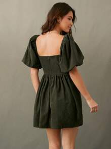 WESTFADE Đầm Babydoll tay bồng cổ vuông viền sò kẻ cao bồi nhung kẻ - màu xanh lá - Xem 2