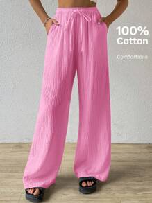 SHEIN EZwear Summer Solid Color Textured Crinkle Fabric Loose Drawstring Tie Waist Pure Cotton Casual Vacation Wide Leg Pants, Plus Size,Holiday Outfits For Women