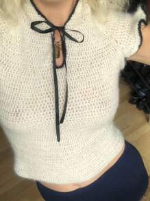 Siren Gaze كنزة صوفية محبوكة صيفية مع أكمام قصيرة وطرف ملون للنساء، كاجوال