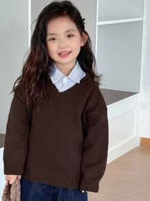 DAZY Girls V-Neck Loose Casual Sweater, Young Girl Fall Clothes - Coffee Brown - View 3