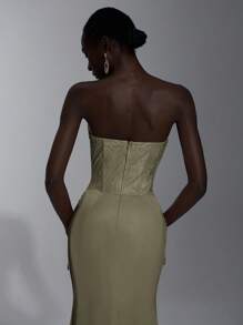 Elitara Elegant Lotus Lace Patchwork Satin Strapless Dress With Sheer Bust, Ruched Waist, Cascading Ruffles And Fishtail Hem, Suitable For Vacation, Date, Birthday Party, Wedding, Graduation, Formal Gala, Valentine's Day - Army Green - View 7