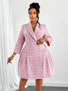 Maweii 大码女式羊毛翻领长袖优雅双排扣褶边西装连衣裙优雅浪漫，正式女装，适合音乐节派对等场景 - 粉色 - 查看 6