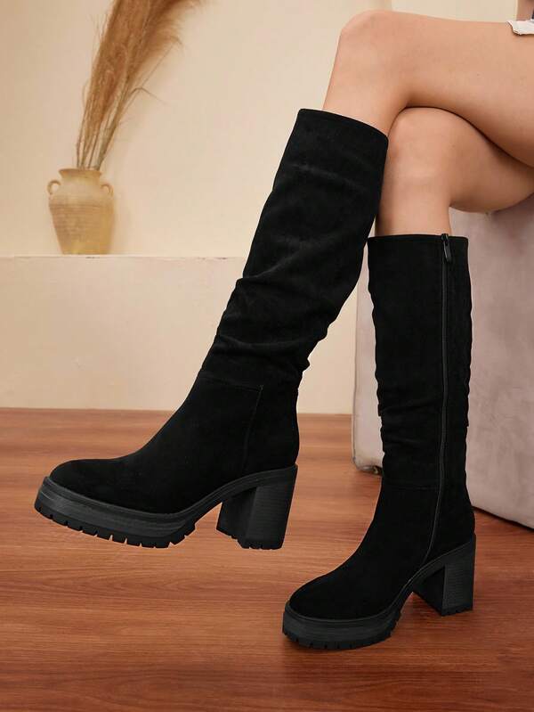 Daringsoles Women's Thick Sole High Heel Side Zipper Design Fashionable Knee-High Boots For Daily Wear
