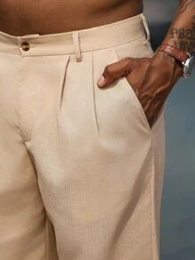 Manfinity Homme Men's Solid Color Pleated Straight Loose Casual Pants Linen Pants Men Men Summer Pants Breathable Summer Pants Men - Khaki - View 5