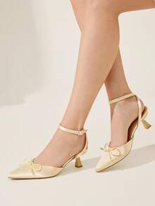 CUCCOO CHICEST 女士尖头缎带蝴蝶结细高跟中跟鞋，舒适浪漫优雅甜美浅粉色正装鞋，适合约会、下午茶、办公室、花园派对 - 香檳色 - 查看 7