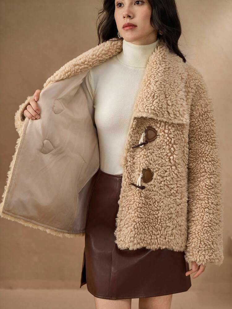Patchwork PU Lapel Oversized Fluffy Jacket, Thick & Warm For Women, Autumn/Winter Women Coats
