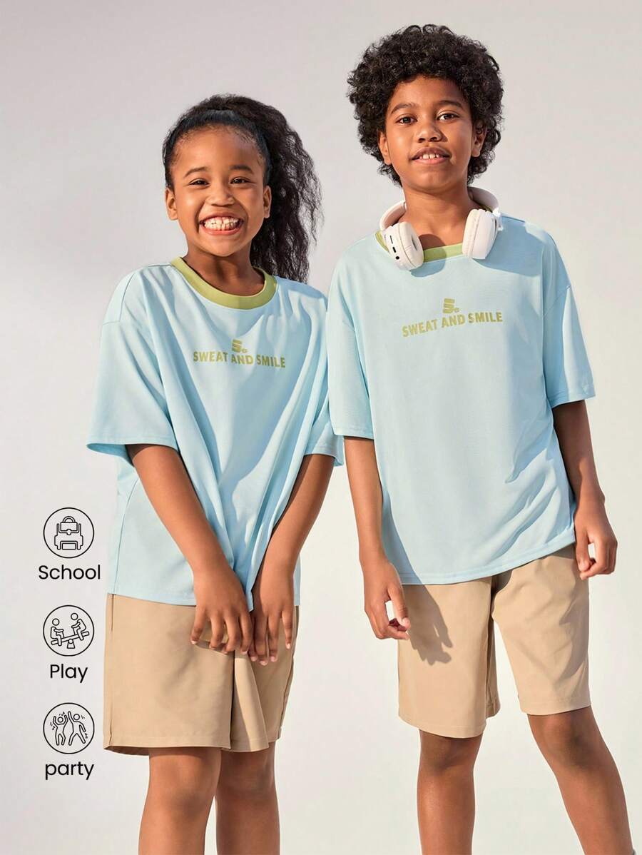 JNSQ 返校季戶外休閒運動短袖T恤,青少年女孩圓領拼接對比色趣味印花戶外休閒運動上衣 - 彩色 - 查看 1