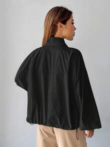 SHEIN EZwear Women's Casual Daily Solid Color Zip-Up Stand Collar Loose Jacket Jacket Y2k Oversized Jacket Windbreaker Jacket Light Jacket In Fall/Winter - Black - View 2