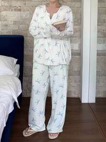 Dazy Plus Bowknot Floral Print Loose Long Sleeve Top & Pants Pajama Set, Casual Sleepwear For Women Plus Size, Fall Clothes - White - View 7