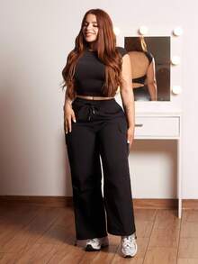 Lupita Cardoza 女士纯色口袋设计宽松百搭工装裤 Y2k - 黑色 - 查看 4