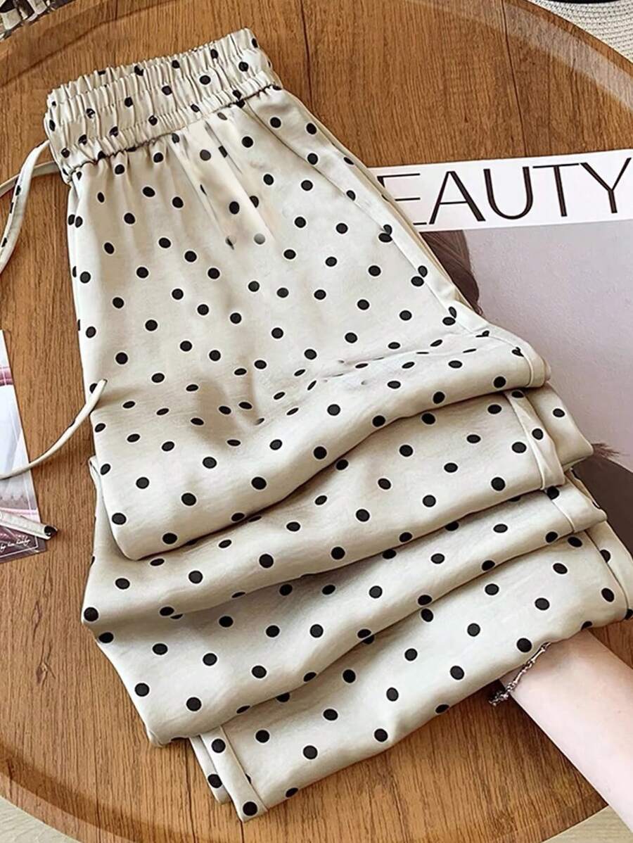 GlowEve 高腰波点缎面抽绳宽松垂坠直筒裤，适合度假、毕业典礼、音乐节、波西米亚风格腰带、独立日、休闲通勤 - 彩色 - 查看 1