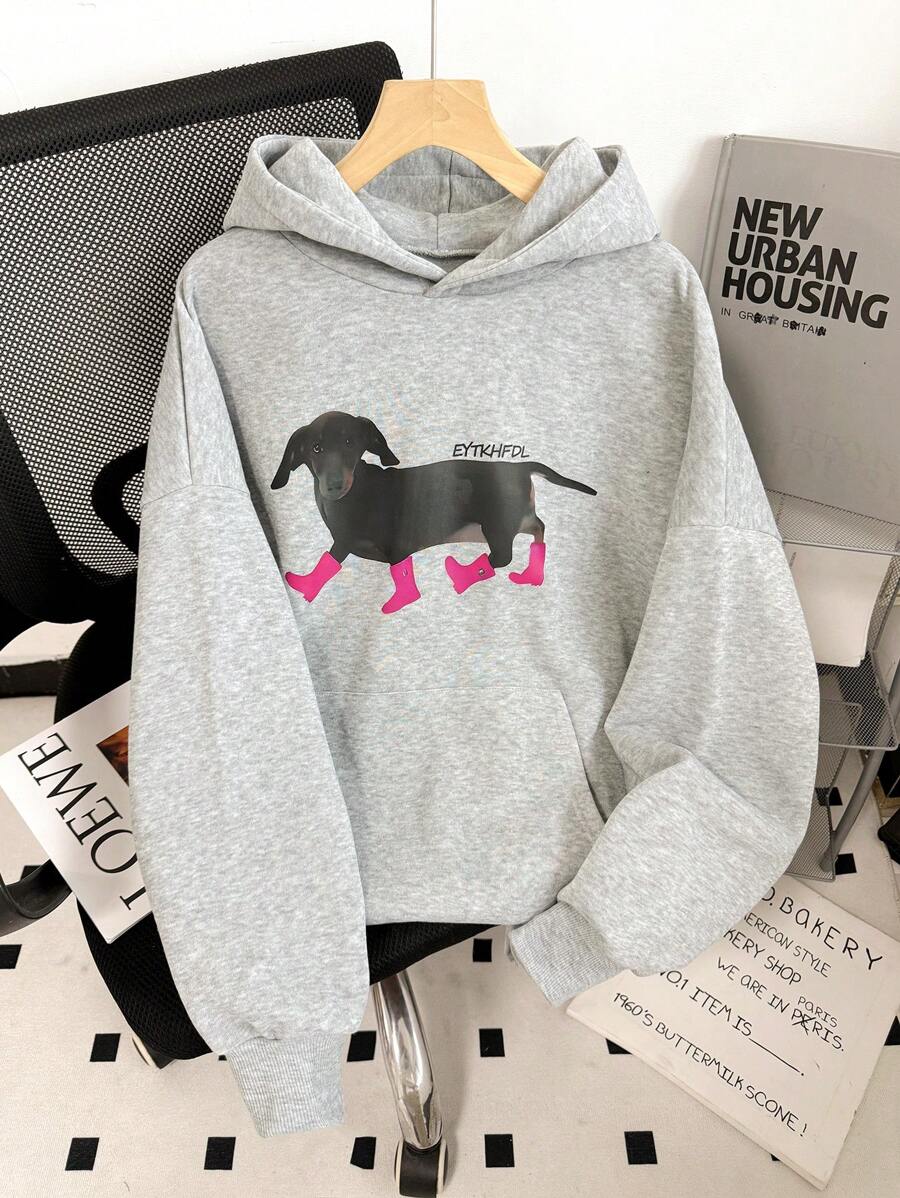 INAWLY Áo nỉ có mũ in hình chó theo phong cách tối giản, thích hợp mặc hàng ngày, tay dài, phù hợp cho lễ tốt nghiệp, giáo viên, hoặc mùa tựu trường. - Xám - Xem 1